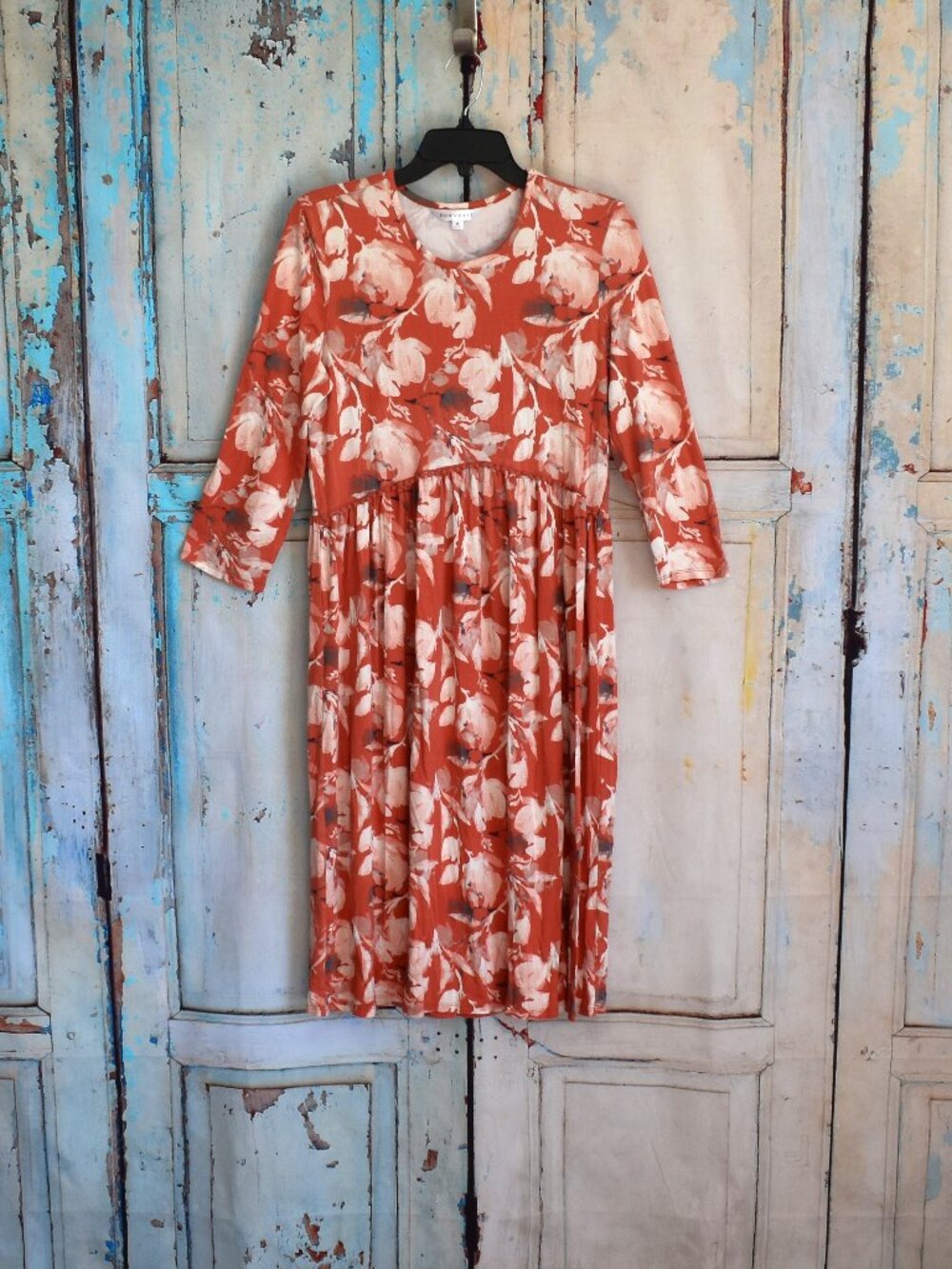 Women’s Downeast Autumn Floral Smocked Midi Dress 3/4 Sleeve MEDIUM Orange Flora